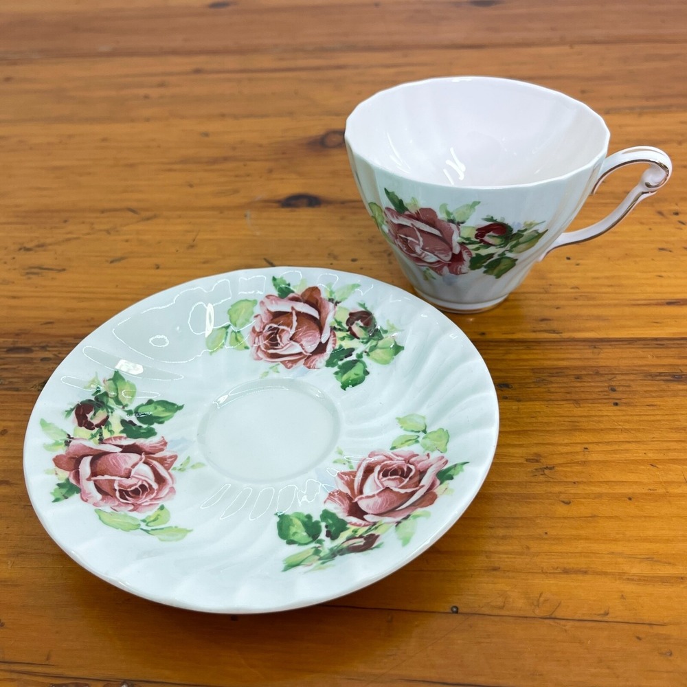 Vintage Queen Anne Tea Cup & Saucer Set Pastel Green w Pink Roses Numbered - Picture 4 of 12
